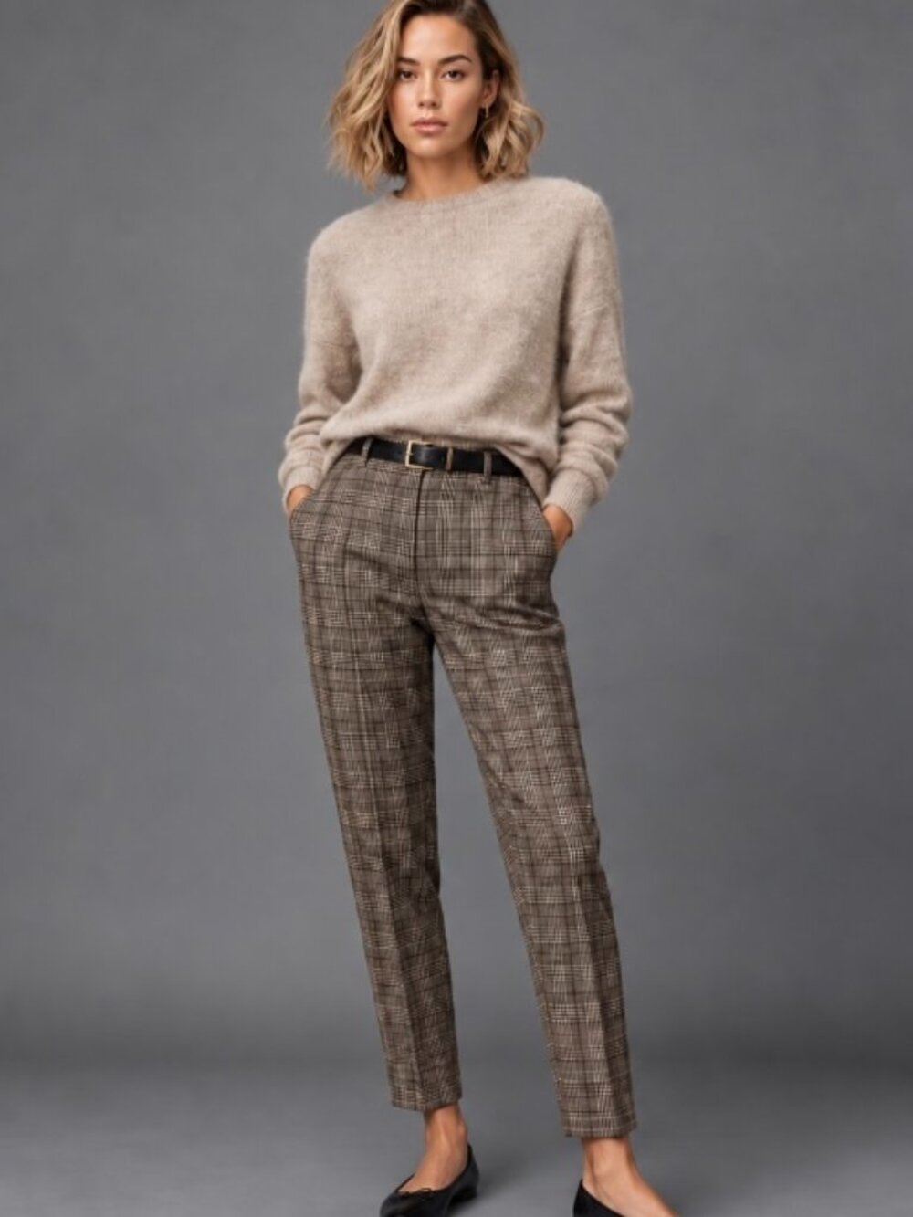 H & M glen plaid straight leg pant black/gray/cream plaid size 8 pockets